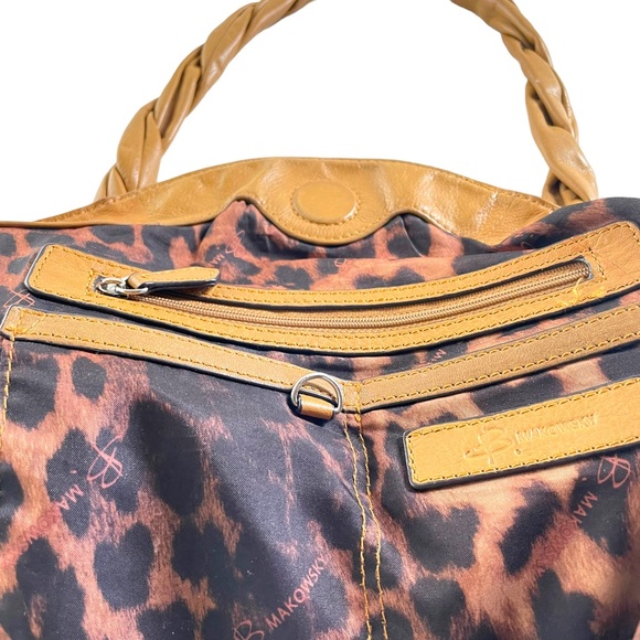 B. Makowsky Camel Leather Hobo w/ Braided Handle Magnetic Closure Leopard Lining - Picture 12 of 15